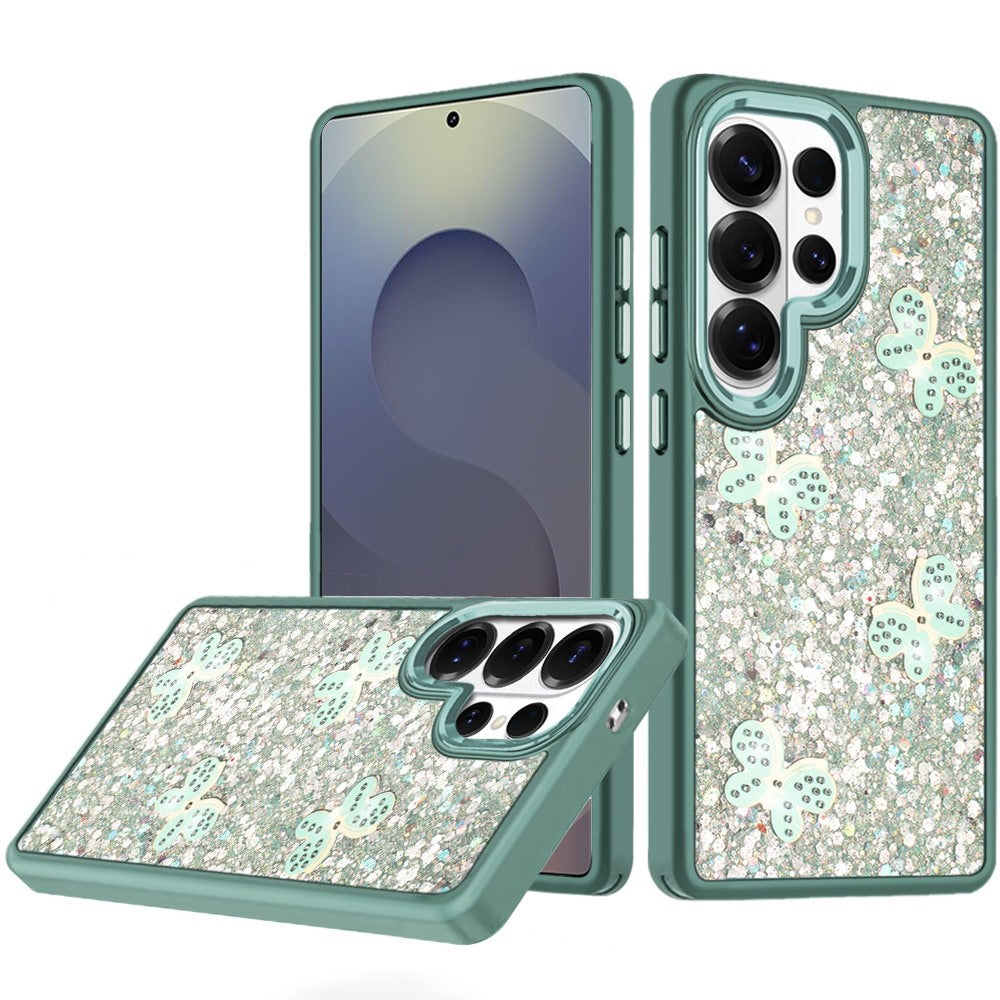 For Samsung Galaxy S25 Ultra Cute Butterfly Crystal Diamond Glitter Case Sparkle Bling Frame Metallic Edges, Shimmer TPU Hybrid Case Cover Teal