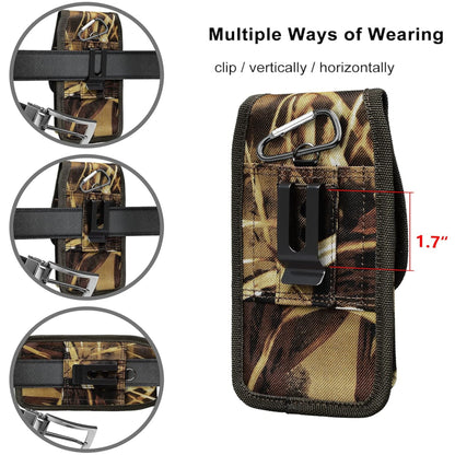 For Apple iPhone 16 Pro (6.3") Vertical Camouflage Nylon Canvas Holster Universal Cell Phone Pouch Velcro Closure with Credit Card Slot & Belt Clip Loop Carabiner [Hunting Camo]