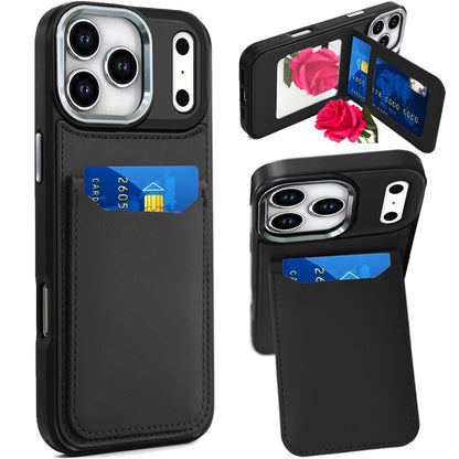 For Apple iPhone 17 Pro (6.3") PU Leather Wallet Cover with Credit Card Holder, Kickstand & Mirror Inside Slim Fit TPU & PC Hybrid Design Case Cover