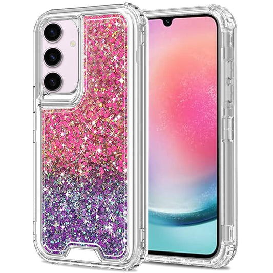 For Samsung Galaxy A26 Epoxy Bling Glitter Sparkly 3-in-1 Transparent Hybrid Full-Body Shockproof PC Bumper Case Cover Hot Pink + Purple