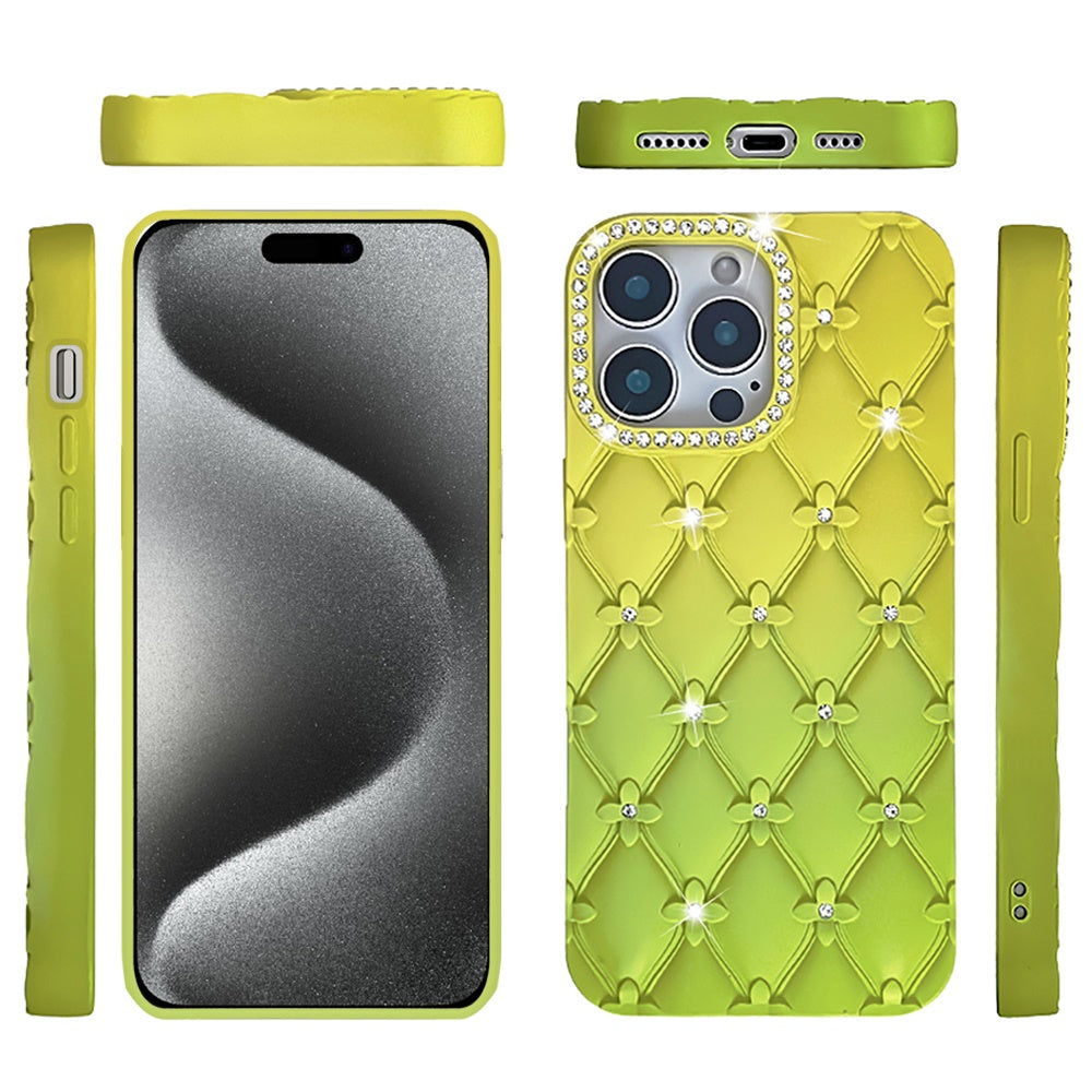 For Apple iPhone 15 Pro Max Fashion Flower Design Sparkle Glitter Shimmer Rhinestone Bling Floral Accents, Leather Texture TPU Case Cover