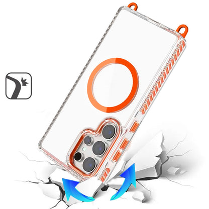 Phone Case for Samsung Galaxy S25 Ultra Transparent Magnetic Lanyard Shockproof Hybrid Clear Grip Durable Camera Protection TPU Anti-Slip Design Cover Cosmic Orange