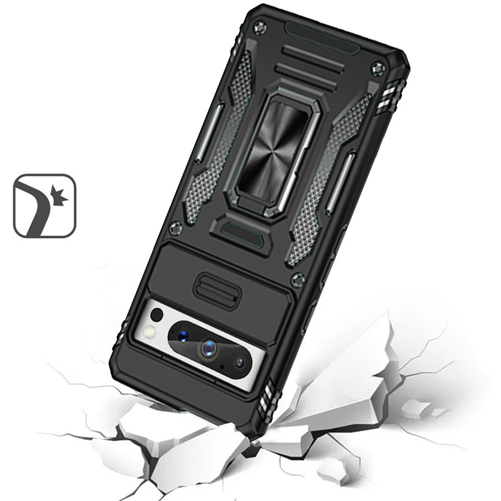For Google Pixel 9 Pro XL Tough Hybrid Case with Movable Camera Window & Metal Ring Stand Shockproof Case Cover