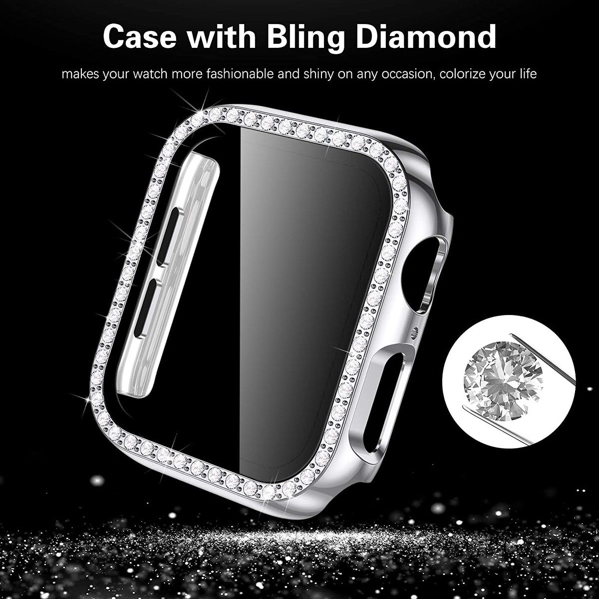 For Apple Watch Size 45mm Luxury Bling Cover Diamond Electroplate Rhinestone Bumper Protective Frame with Tempered Glass Screen Protector Case Cover Clear