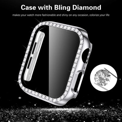 For Apple Watch Size 45mm Luxury Bling Cover Diamond Electroplate Rhinestone Bumper Protective Frame with Tempered Glass Screen Protector Case Cover Clear