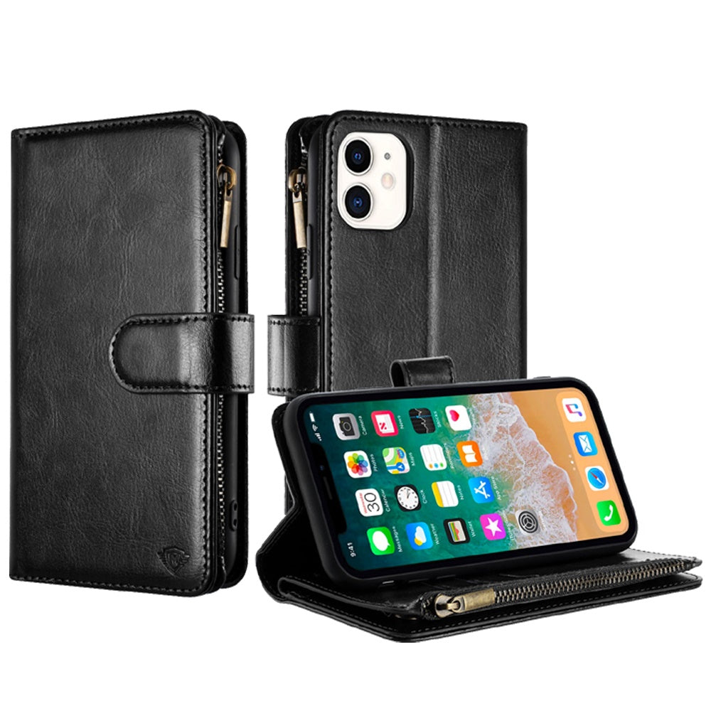 For Apple iPhone 16 Plus (6.7") Premium Leather Zipper Wallet with Credit Card Slots Money Pocket Luxury Clutch Pouch Stand & Strap Case Cover Black