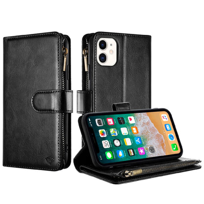 For Apple iPhone 16 Plus (6.7") Premium Leather Zipper Wallet with Credit Card Slots Money Pocket Luxury Clutch Pouch Stand & Strap Case Cover Black