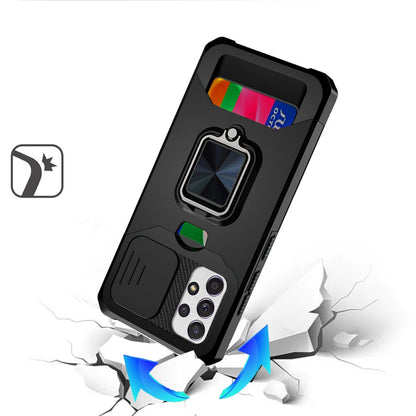 For Samsung Galaxy A52 5G Wallet Case with Ring Stand & Slide Camera Cover Back Credit Card Slot Holder, Military Grade Case Cover Black