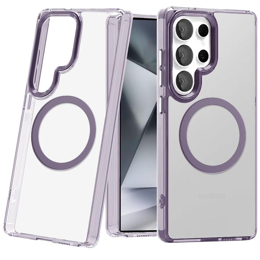 For Samsung Galaxy S24 Ultra Transparent Back Hybrid Case - Magnetic Circle, Color Frame, Metal Buttons, MagSafe Compatible Case Cover