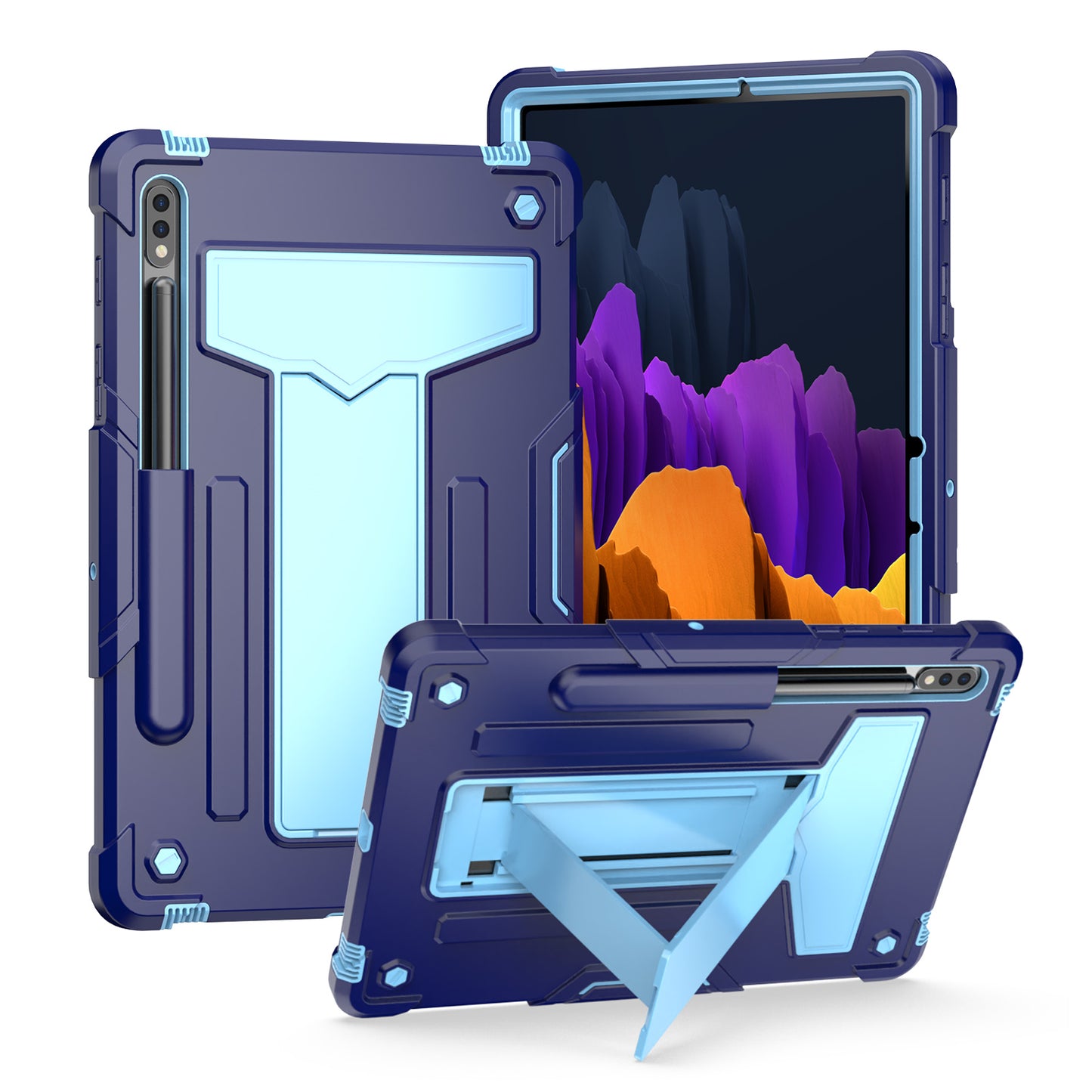 For Tough Hybrid with Vertical 3-in-1 Design, Built-in Kickstand, Shockproof Rugged Full Body with Grip Protection Blue Tablet Case Cover