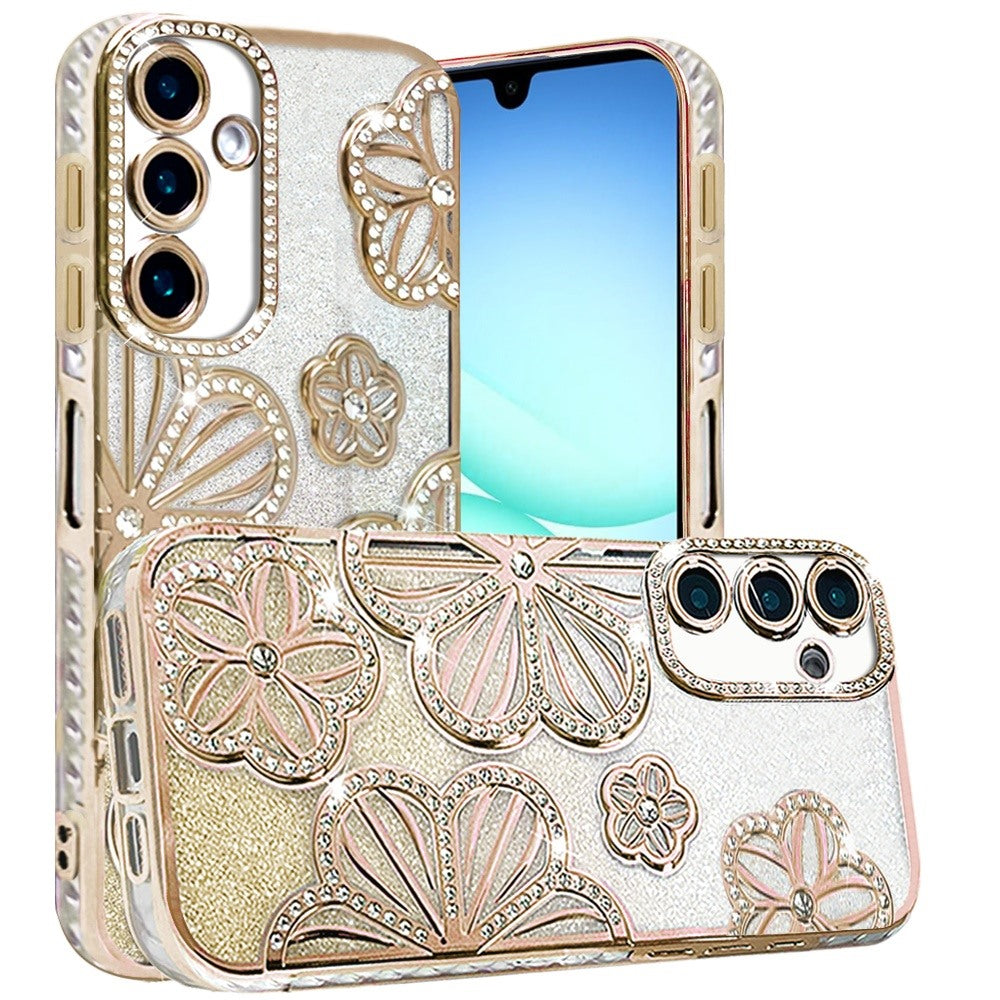 For Samsung Galaxy A17 5G Luxury Flower Design Sparkle Glitter Diamond Rhinestone Shimmer Bling Plating Thick TPU Hard PC Case Cover