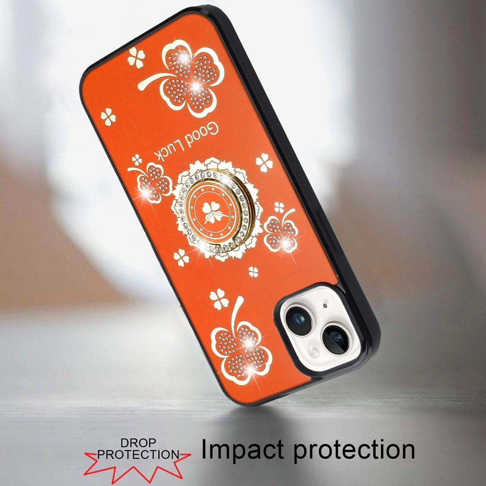 For iPhone 14/13 (6.1") Diamonds 3D Butterfly Bling Sparkly Glitter Ornaments Engraving Hybrid Metal Fashion Case Cover Good Luck Floral Cosmic Orange