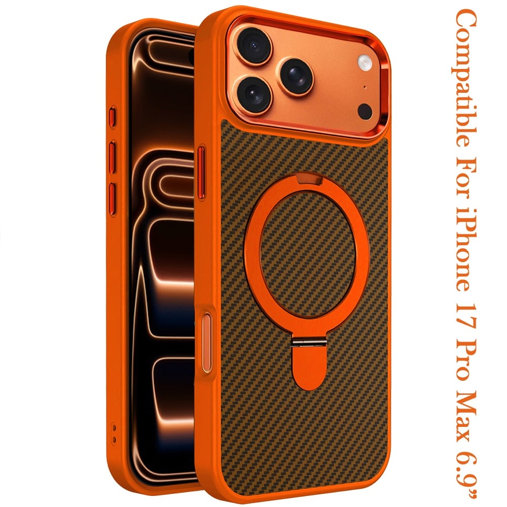Phone Case for Apple iPhone 17 Pro Max (6.9") Carbon Fiber Magnetic Ring Stand Hybrid Shockproof AntiSlip Grip Kickstand Military Drop Protection Matte Finish Cover Cosmic Orange