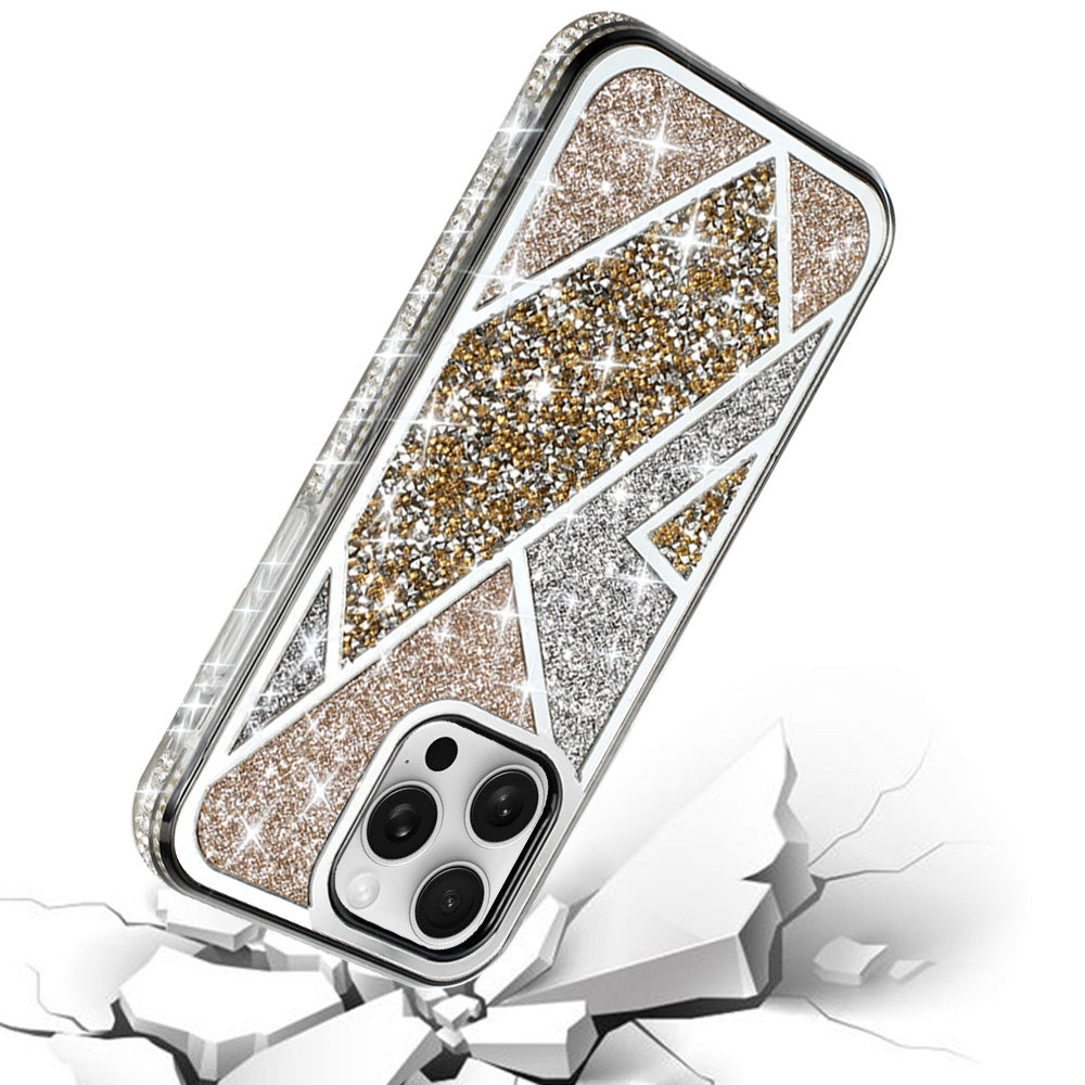 For Apple iPhone 16 Pro (6.3") Cute Fancy Glitter Bling Diamond Rhinestone Sparkly Bumper Fashion Shiny Hybrid Rugged TPU Case Cover Gold