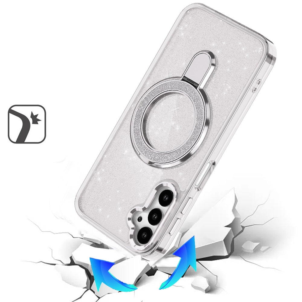 For Samsung Galaxy S25 Ultra Transparent Glitter Bling Case with Rotating Magnetic Ring Stand, Shockproof Hybrid Case Cover