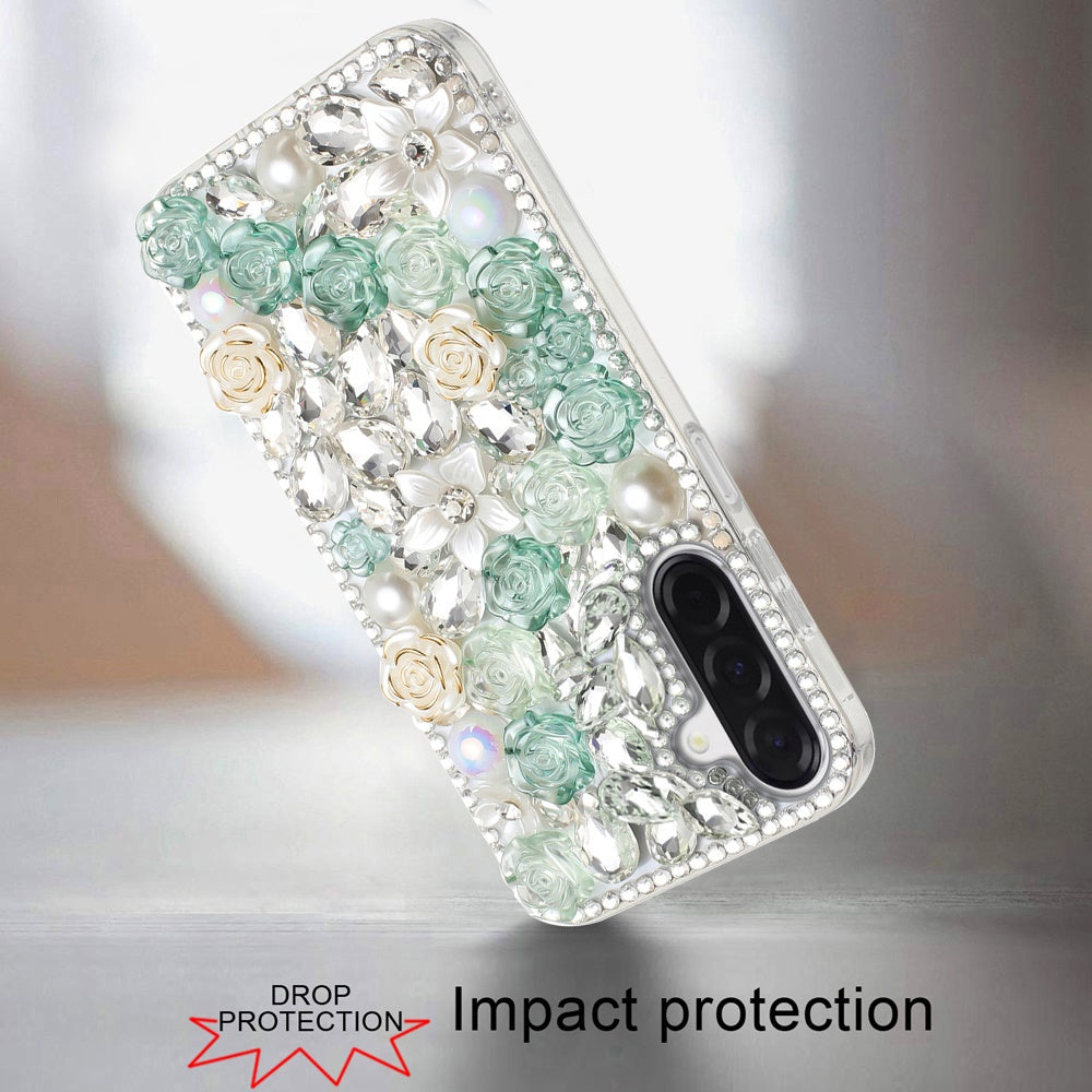 For Samsung Galaxy A17 5G Fashion Rose Flower Floral Bling Crystal 3D Full Diamonds Pearl Sparkle Rhinestone Glitter Hybrid Case Cover