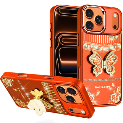 For Apple iPhone 17 Pro (6.3") Glitter 3D Butterfly Design Bling Metallic Edge Hybrid Stand Drop Protection TPU Shockproof Case Cover