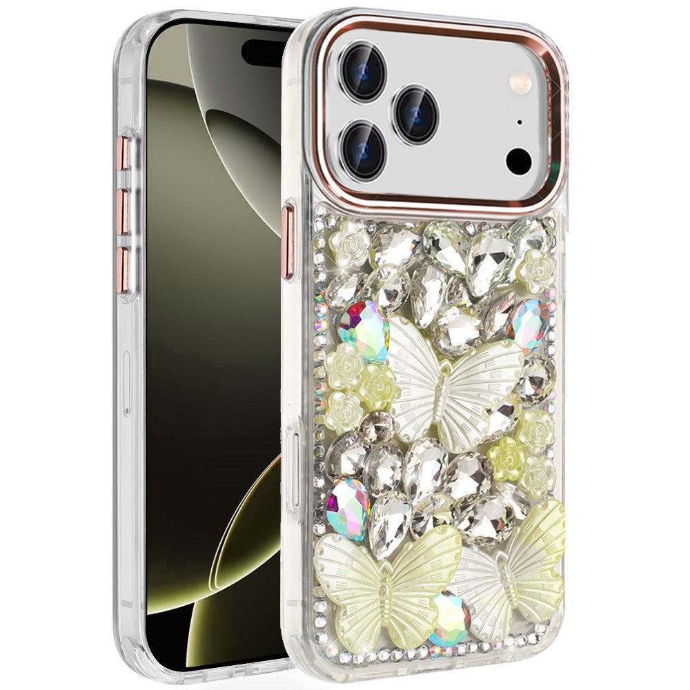 For Apple iPhone 17 Pro Max (6.9") 3D Diamond Floral Butterfly Bling Stone Hybrid, Sparkly Rhinestone Gemstone Back Shockproof Case Cover Rose Gold