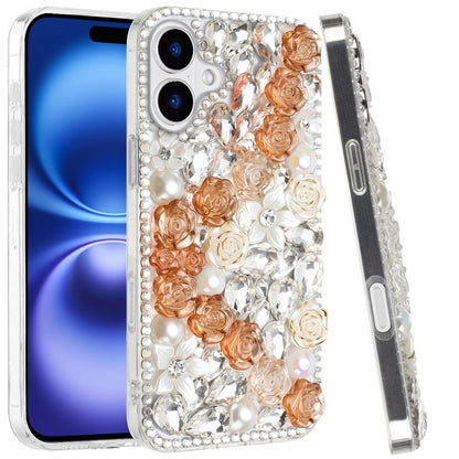 For Apple iPhone 17 (6.3") Fashion Rose Flower Floral, 3D Bling Crystal Full Diamonds Pearl Sparkle Rhinestone Glitter Hybrid Case Cover