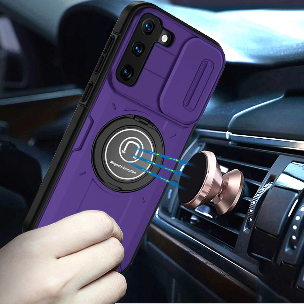 For Samsung Galaxy S22 Build in Invisible Magnetic Ring Stand with Slide Camera Protector, fit Magnetic Car Mount [Compatible with MagSafe] Case Cover