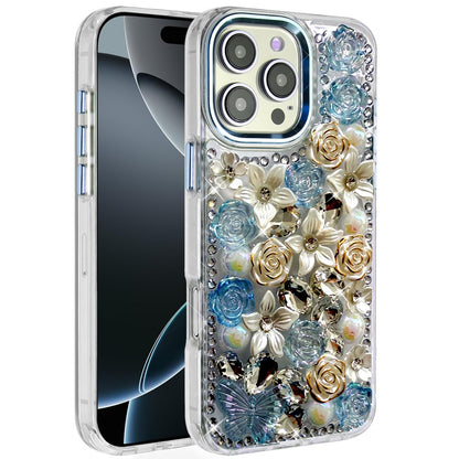 Phone Case for Apple iPhone 16 Pro Max Luxury Rose Bling Rhinestone Glitter Floral Hybrid Shockproof Stylish Protective Designer Ornament Sparkle Cover