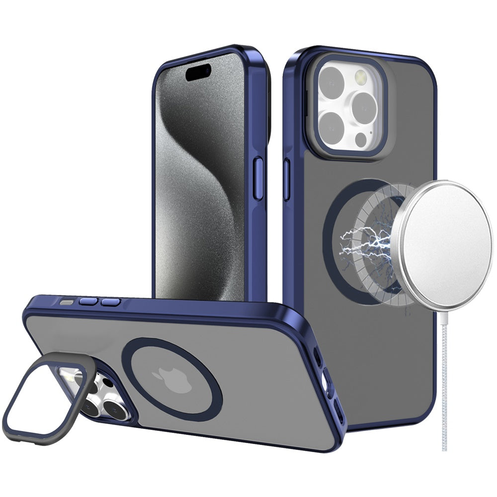 For Apple iPhone 16 (6.1") Tough HQ Hybrid Case with Aluminum Frame Camera Stand, Compatible with MagSafe, Translucent Matte Shockproof Case Cover