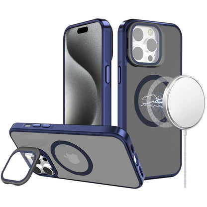 For Apple iPhone 16 (6.1") Tough HQ Hybrid Case with Aluminum Frame Camera Stand, Compatible with MagSafe, Translucent Matte Shockproof Case Cover