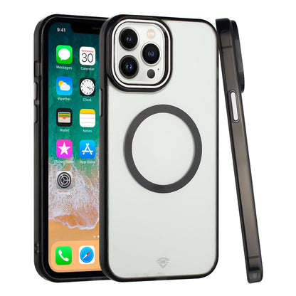 For Samsung Galaxy A57 Transparent Back Hybrid Case - Magnetic Circle, Color Frame, Metal Buttons, MagSafe Compatible Case Cover Black