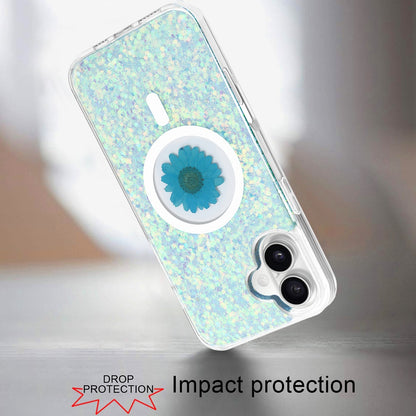 For Apple iPhone 16 (6.1") Magnetic Circle MagSafe Wireless Compatible Epoxy Glitter Flower Shiny Sparkle Bling Hybrid Slim TPU Case Cover