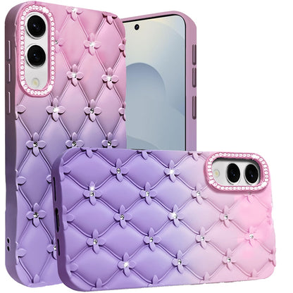 For Samsung Galaxy S25 Edge Fashion Flower Design Sparkle Glitter Shimmer Rhinestone Bling Floral Accents, Leather Texture TPU Case Cover