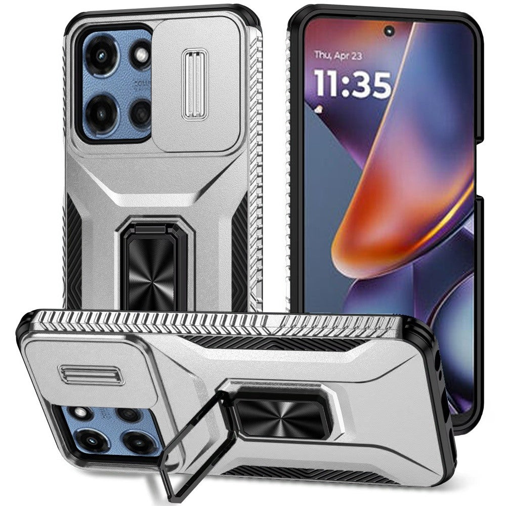 For Motorola Moto G 5G 2025 Case, Camera Cover with Magnetic Rotation Ring Stand, Military Grade Hybrid Hard TPU Shockproof Case Cover Silver