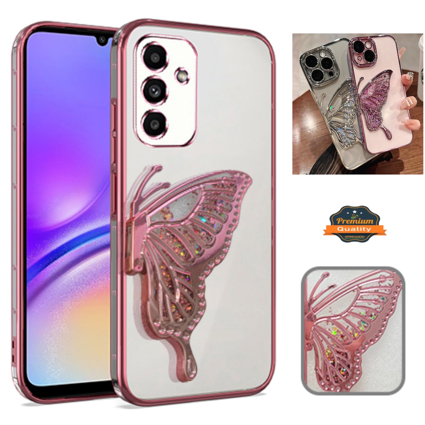 For Samsung Galaxy S25 Ultra Glitter 3D Butterfly Bling Case, Chrome Electroplate Sparkle Liquid Flowing Plating Hybrid Bumper Case Cover