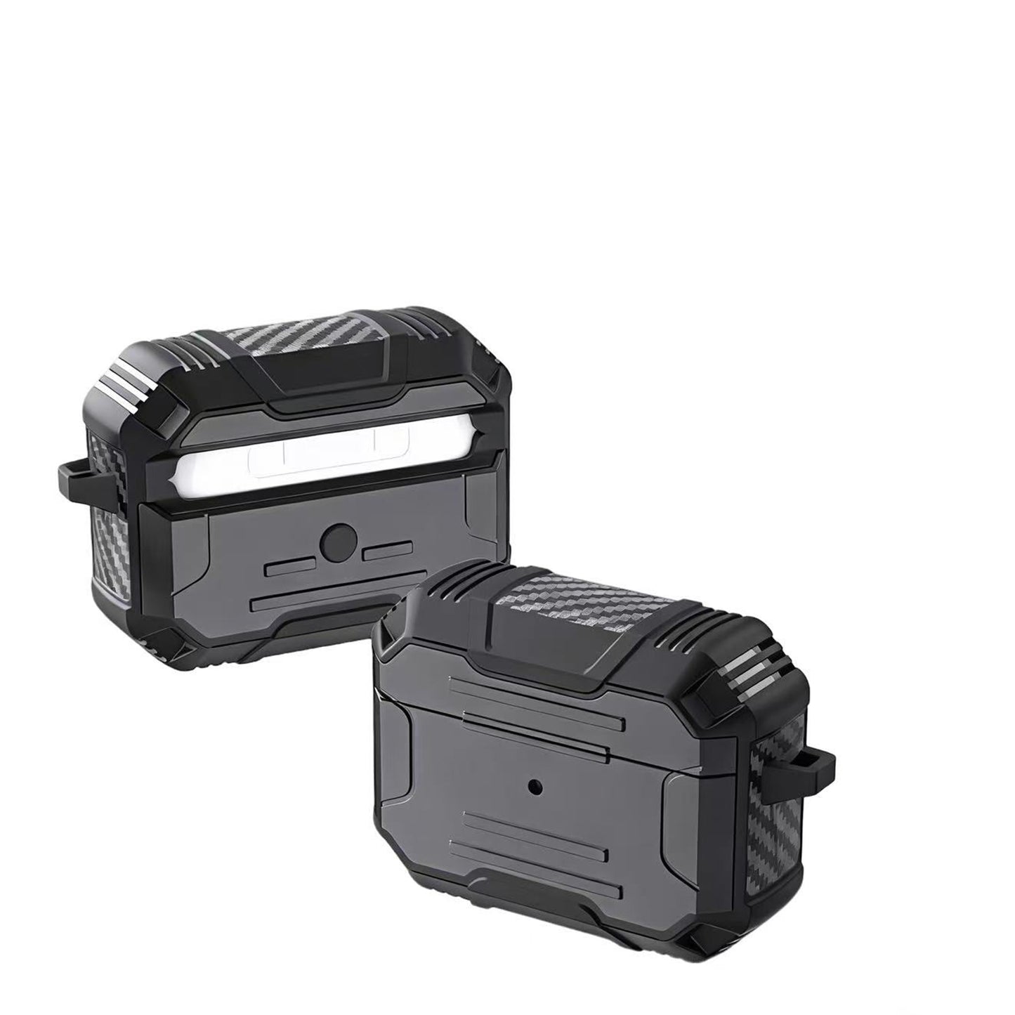 For Airpods Pro 3 (2025) Full-Body Rugged ShockProof Hybrid With Metal Hook Carabiner Heavy Duty Armor Carbon Fiber Case Cover