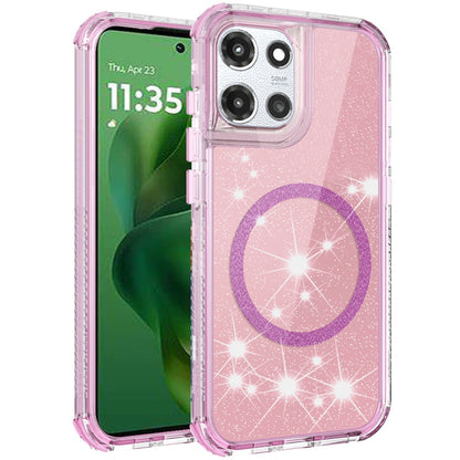 For Motorola Moto G Power 5G (2025) Magnetic Circle Compatible with Magsafe, Bling Glitter Sparkle 3-in-1 Hybrid Shockproof TPU Bumper Case Cover