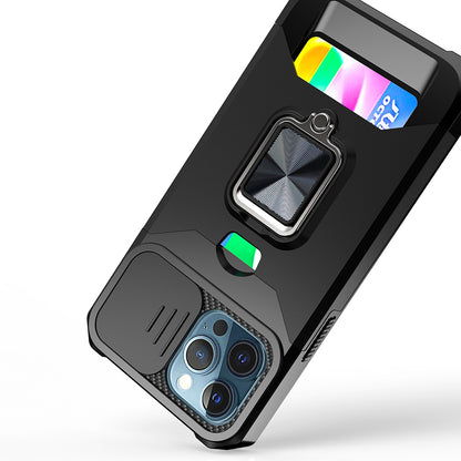 For Samsung Galaxy A32 5G Wallet Case with Ring Stand & Slide Camera Cover Back Credit Card Slot Holder, Military Grade Case Cover Black