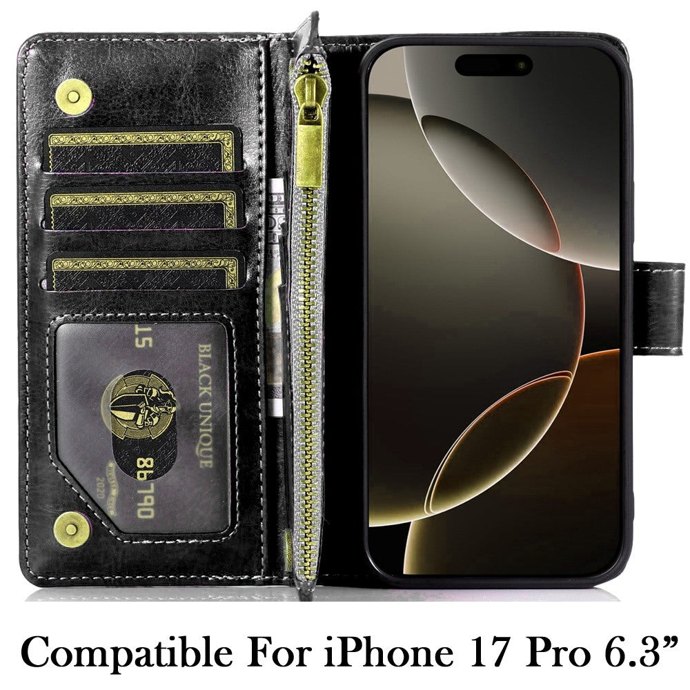 For Apple iPhone 17 Pro (6.3") Leather Wallet Case with Zipper, 9 Card Slots, Cash Pocket, Stand & Strap, Clutch Pouch Design Case Cover