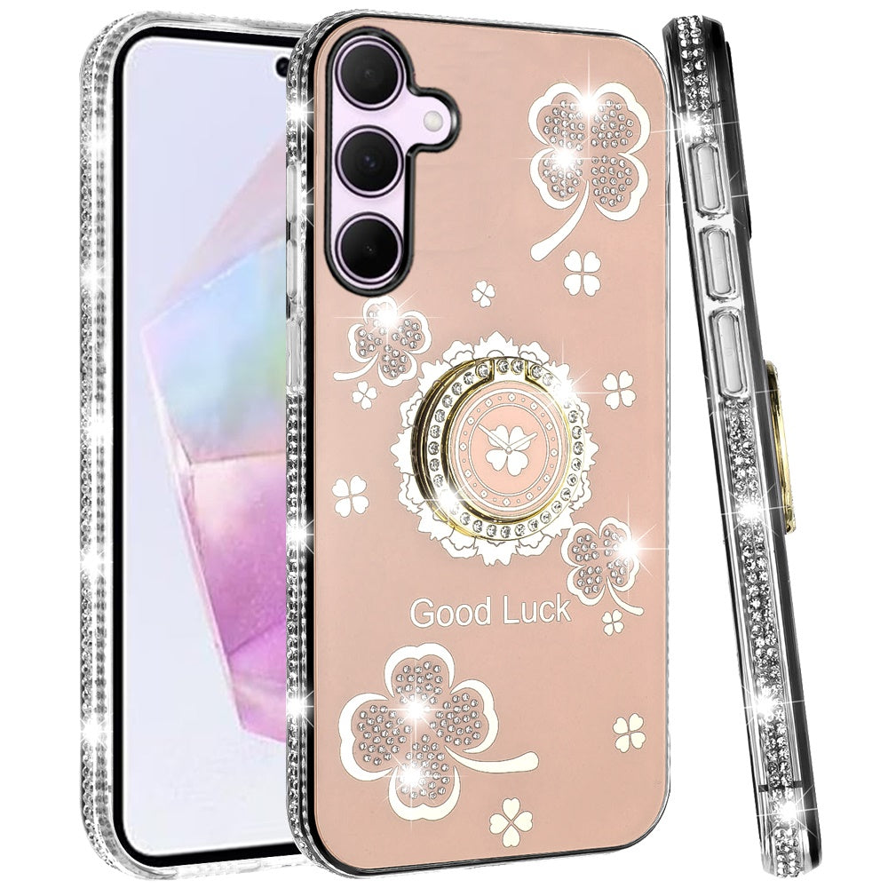 For Samsung Galaxy A36 Diamonds Bling All Around Edges Sparkly Glitter Hybrid with Ring Stand Holder Fashion Good Luck Case Cover