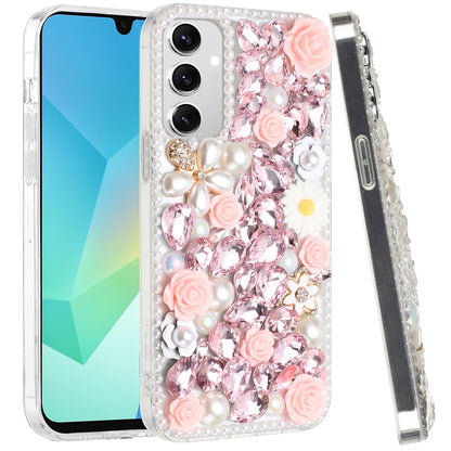 For Apple iPhone 17E /16E Fashion Rose Flower Floral, 3D Bling Crystal Full Diamonds Pearl Sparkle Rhinestone Glitter Hybrid Case Cover Pink