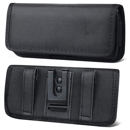 For Apple iPhone 16 (6.1") Nylon Canvas Fabric Waist Belt Holster Horizontal Pouch Holds Large Phone Works with Thick Cases Universal Cover [Black]