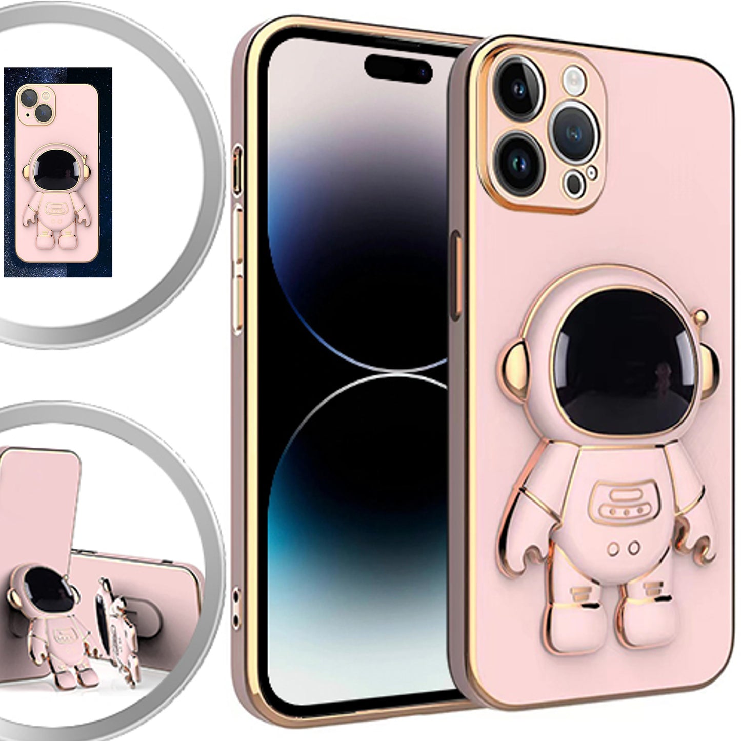 For Apple iPhone 15 Pro Max (6.7") Astronaut Hidden Stand Holder Plating Hybrid Electroplated Bumper Shockproof Armor  Phone Case Cover