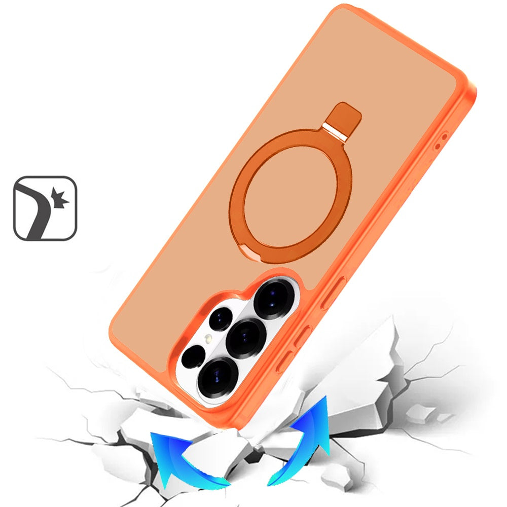 For Samsung Galaxy S25 Ultra Magnetic Circle Back with Ring Stand Full Rotation Matte Hybrid Shockproof Case Cover Cosmic Orange