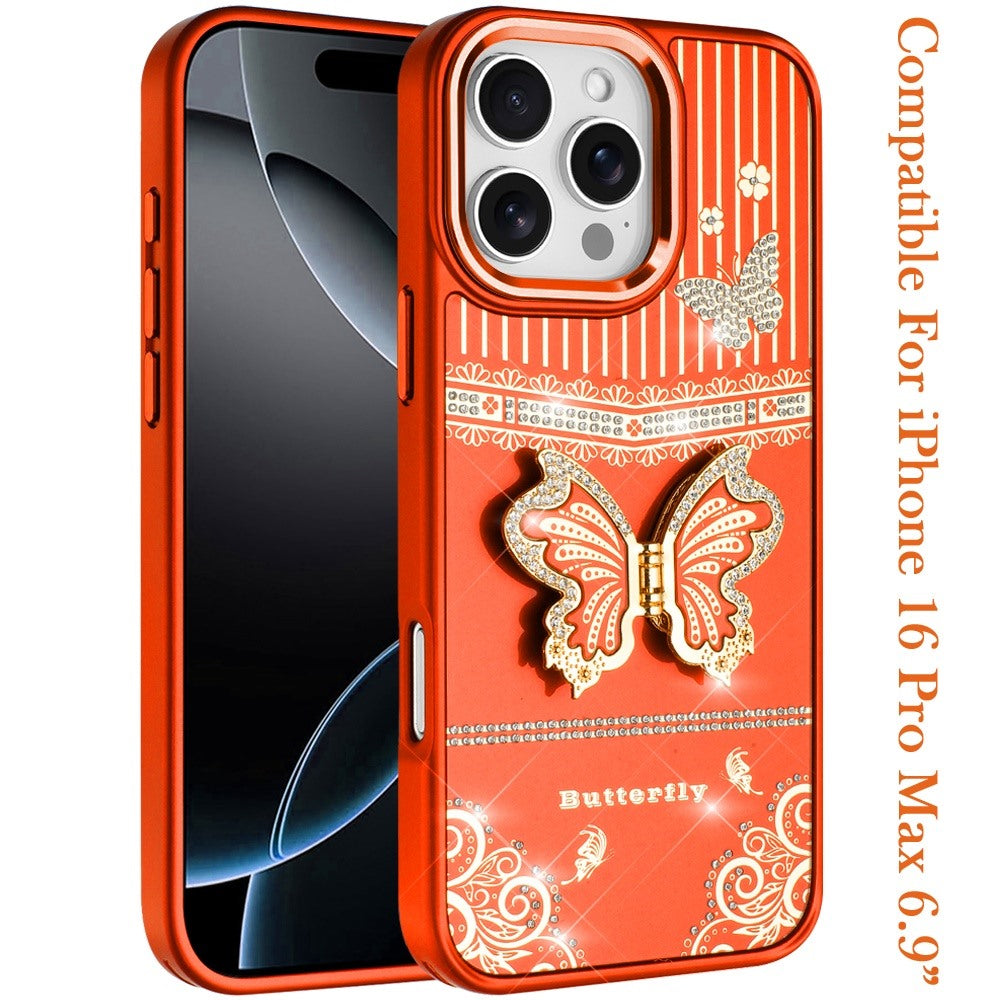 For iPhone 16 Pro Max (6.9") Glitter 3D Butterfly Design Bling Metallic Edge Hybrid Stand Drop Protection TPU Shockproof Protector