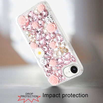 For Apple iPhone 17E /16E Fashion Rose Flower Floral, 3D Bling Crystal Full Diamonds Pearl Sparkle Rhinestone Glitter Hybrid Case Cover Pink