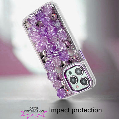 For Apple iPhone 15 Pro Max Muti-Color Floral Fashion Bling Crystal 3D Full Diamonds Stones Sparkle Rhinestone Glitter Hybrid Case Cover