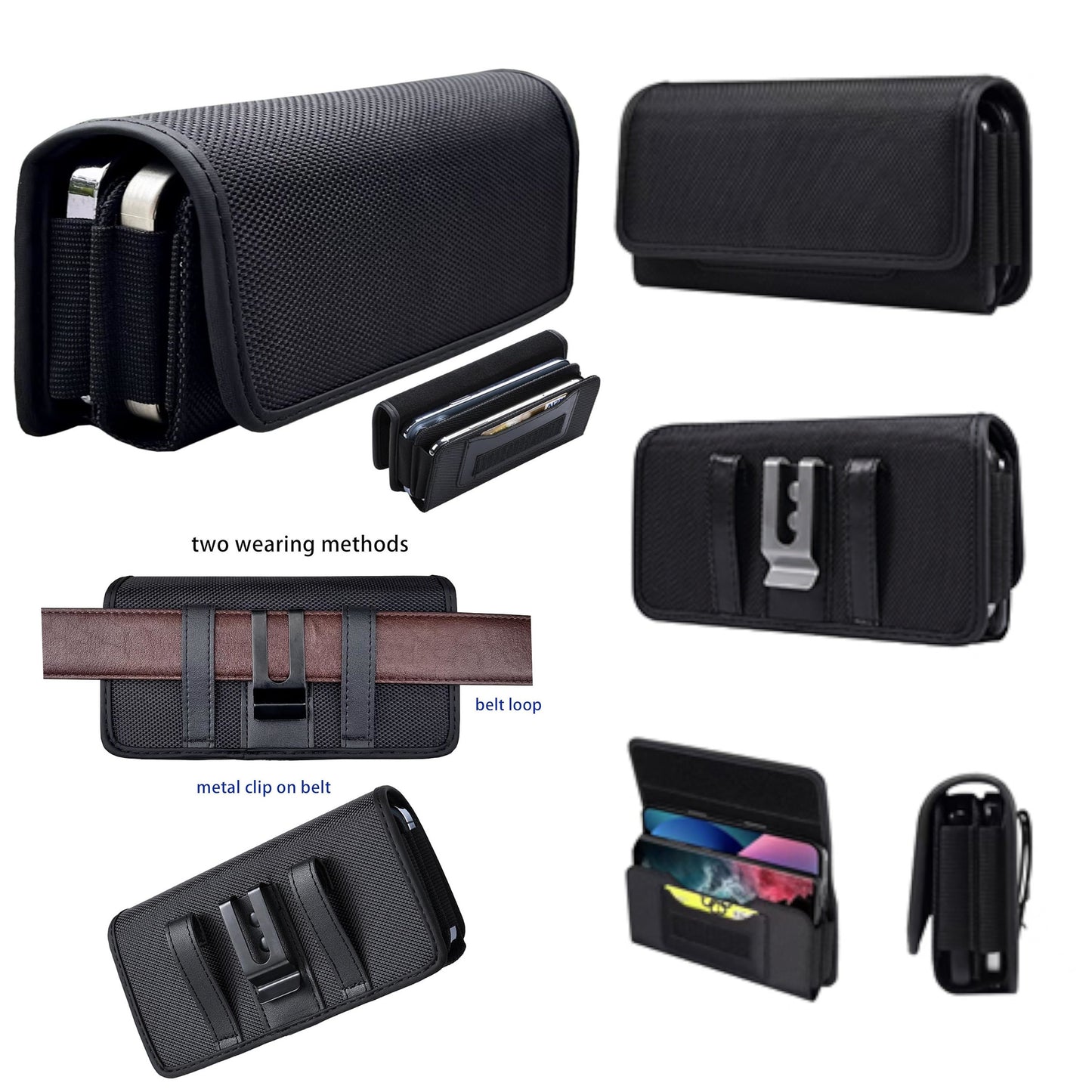 For Apple iPhone 16 Plus (6.7") Universal Dual Phone Holster Horizontal Pouch for 2 Phones, Double Decker Belt Clip Case with Credit Card Slots Wallet Cover [Black]