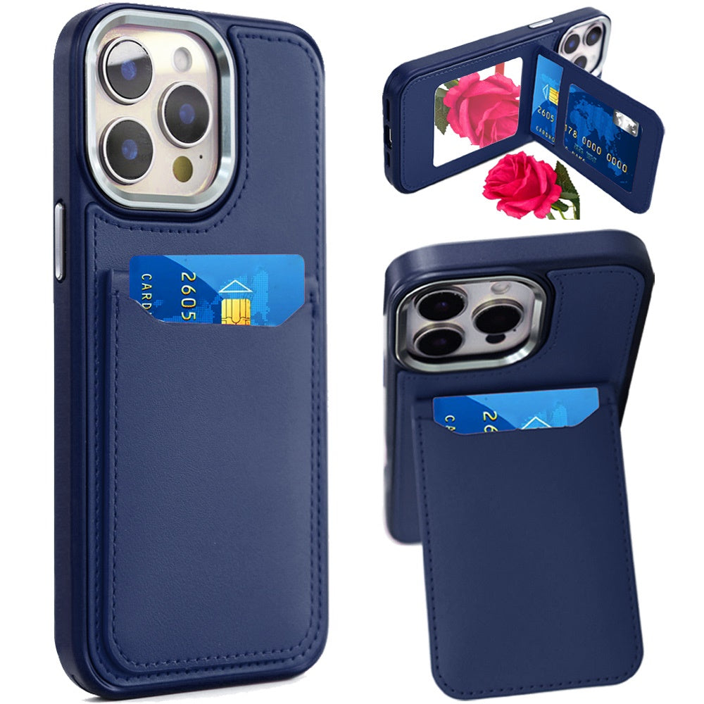 For Apple iPhone 16 Pro (6.3") PU Leather Wallet Cover with Credit Card Holder, Kickstand & Mirror Inside Slim Fit TPU & PC Hybrid Design Case Cover