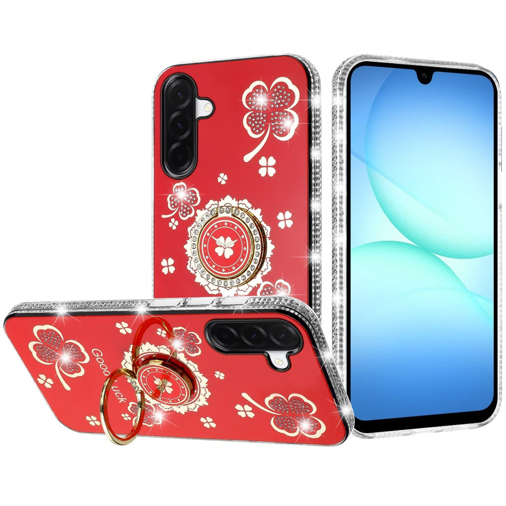For Samsung Galaxy S25 Fan Edition /Galaxy S25 FE Diamonds Bling All Around Edges Sparkly Glitter Hybrid with Ring Stand Holder Fashion Good Luck Case Cover Red