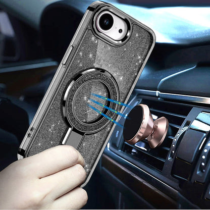 For Apple iPhone 17E /16E Transparent Glitter Bling Case with Rotating Magnetic Ring Stand, Shockproof Hybrid Case Cover