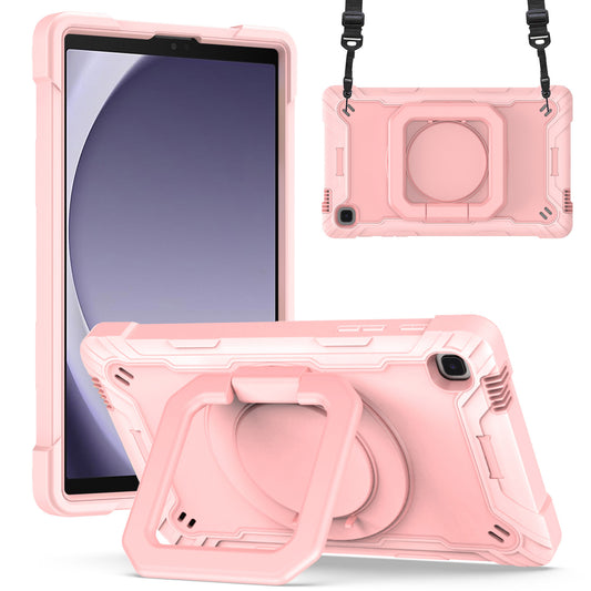 For Tough Hybrid 3 in 1 Case with 180° Rotating Kickstand, Adjustable Shoulder Strap, Shockproof TPU Rubber PC Rose Gold Tablet Case Cover
