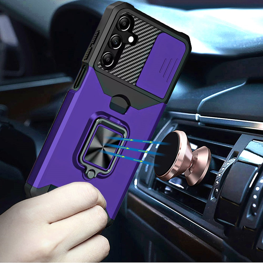 Wallet Case with Ring Stand & Slide Camera Cover Back Credit Card Slot Holder, Military Grade